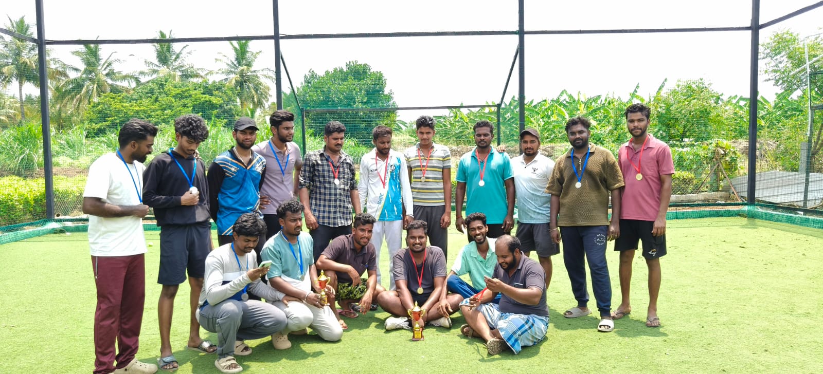 Floodlights illuminate Turf Star cricket turf in Sathy, Tamil Nadu, evening